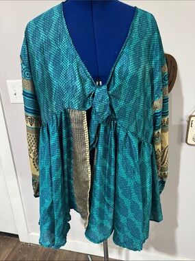 Boho Teal Tie-Front Women's Top